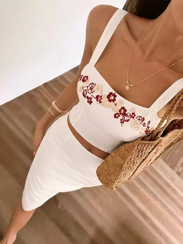 Floral Embroidery Crop Top With Short Skirt Set sold by COMMENSE