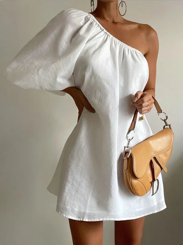 Aegean Cotton Linen One Sleeve Short Dress made by COMMENSE