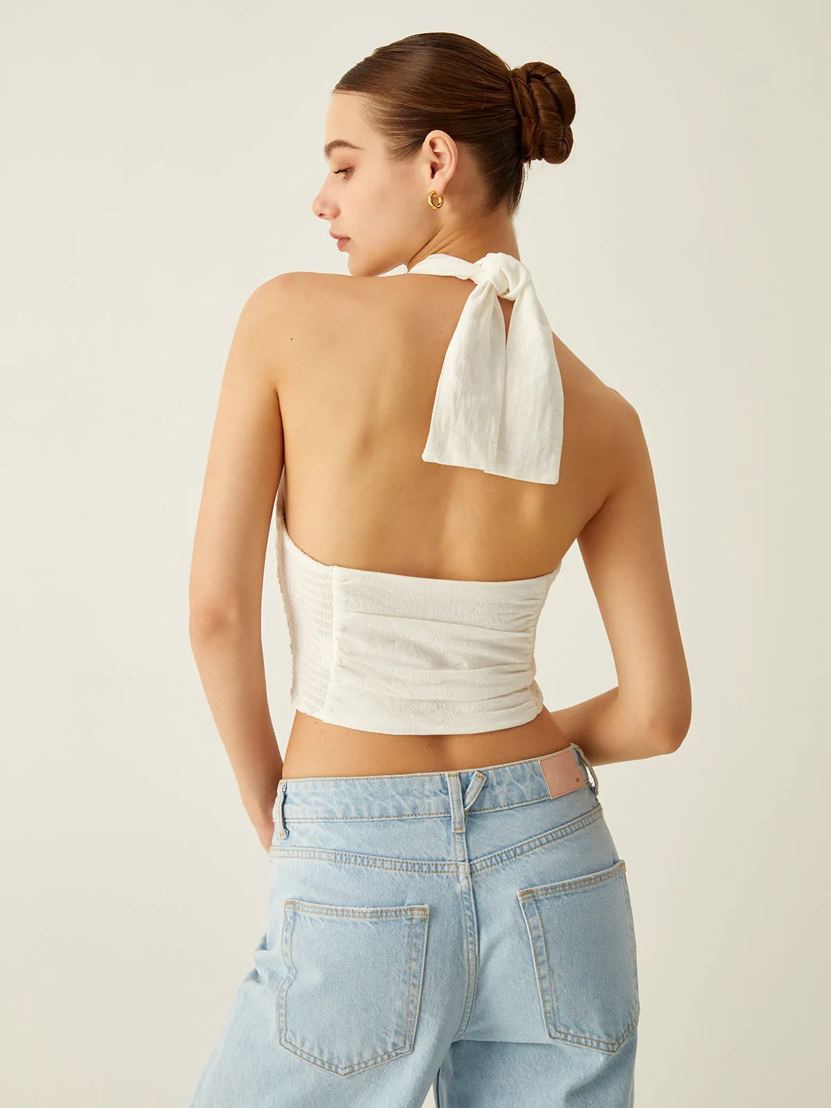 Ring Decor Halter Backless Shirred Tank Top sold by COMMENSE