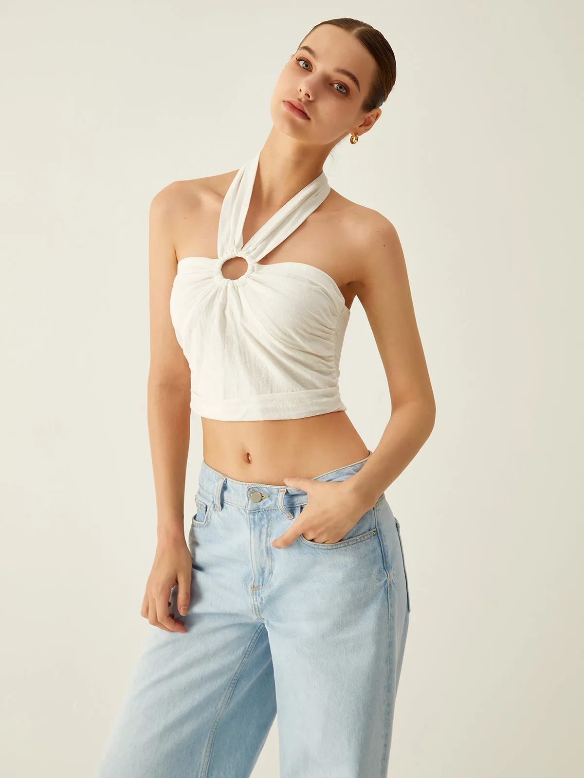 Ring Decor Halter Backless Shirred Tank Top sold by COMMENSE product image thumbnail 3