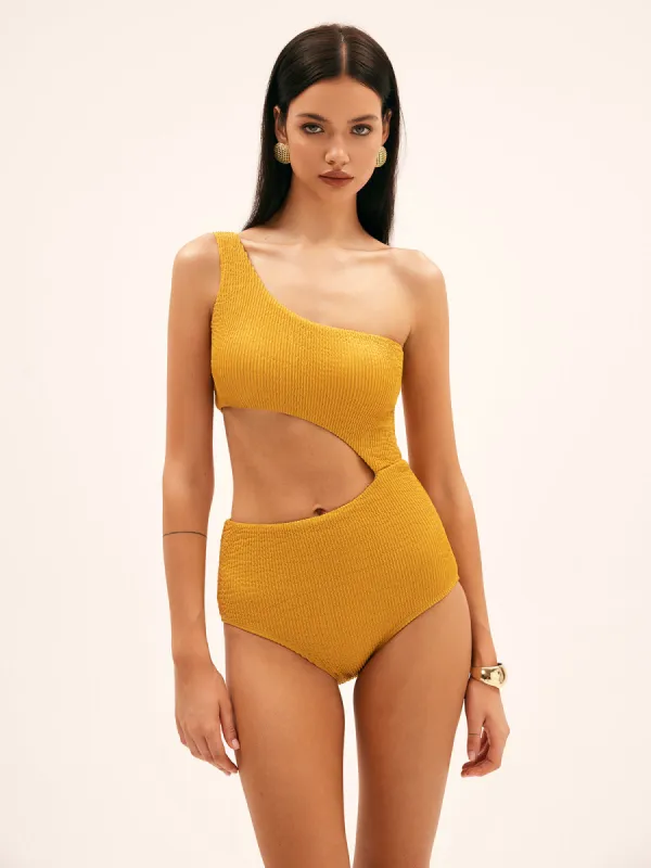 Sunflower Asymmetrical Cutout One Piece Swimsuit sold by COMMENSE