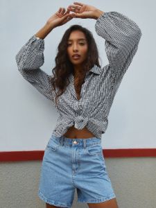 Gingham Puff Sleeve Shirt sold by COMMENSE