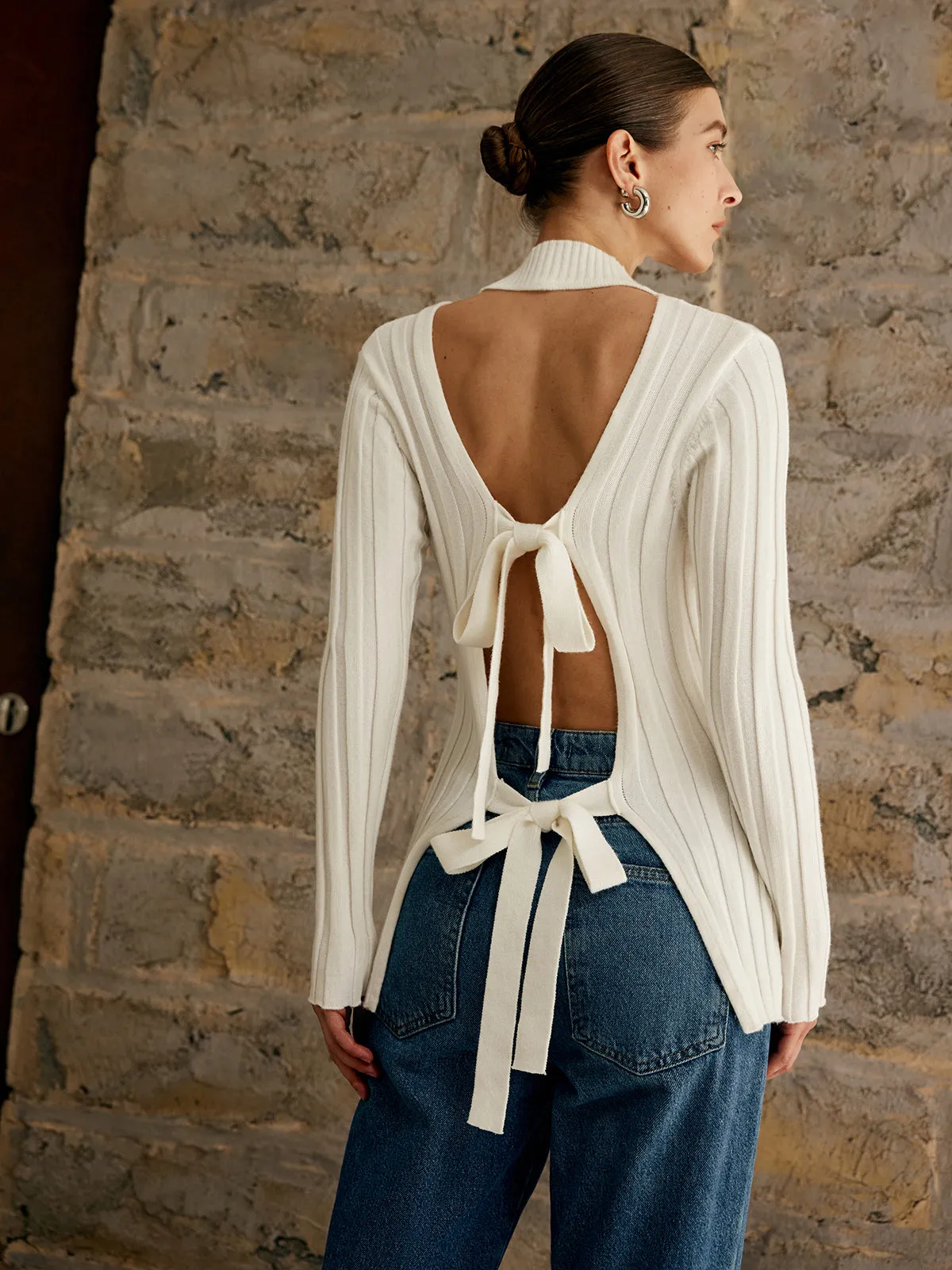 Tie Open Back Knit Top sold by COMMENSE