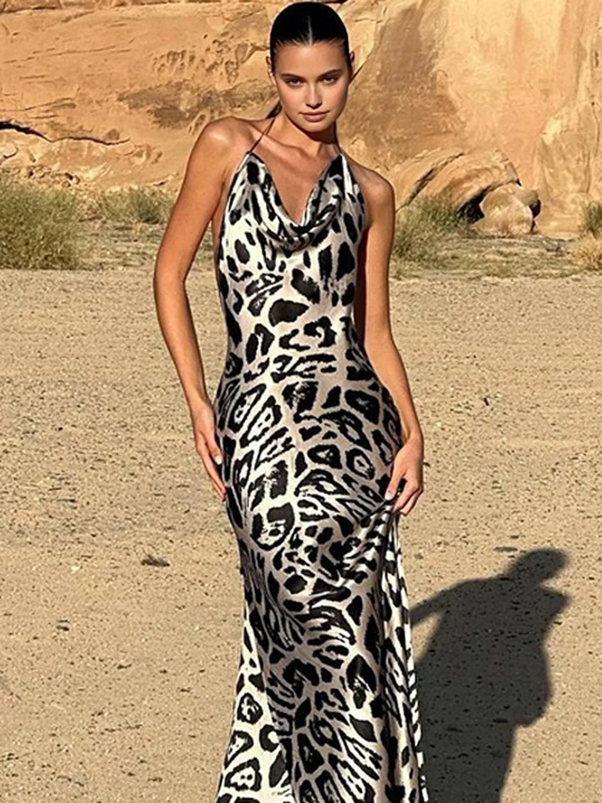 Leopard Print Cowl Neck Halter Long Dress sold by COMMENSE product image thumbnail 5