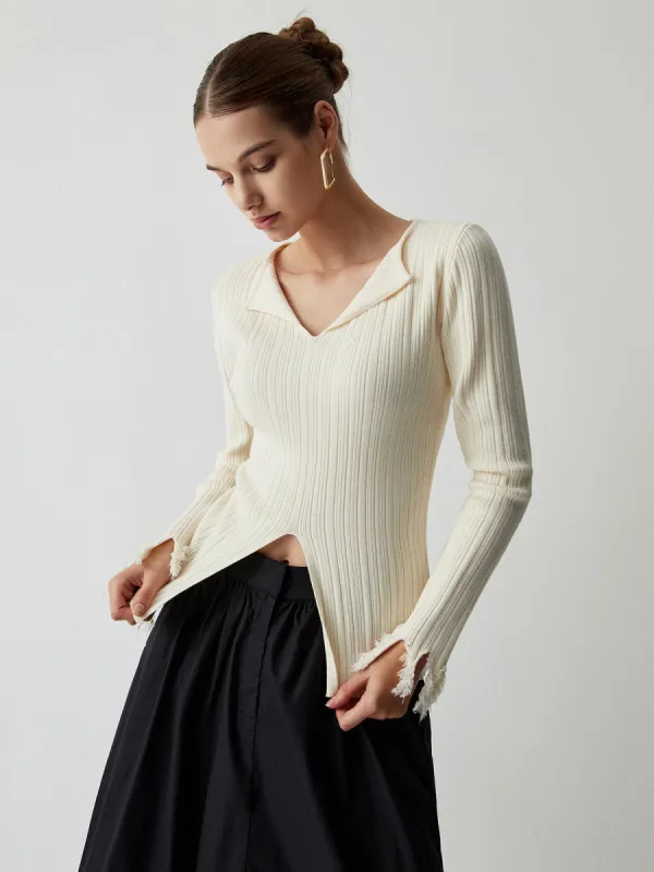 Open Collar Long Sleeve Curved Knit Top sold by COMMENSE
