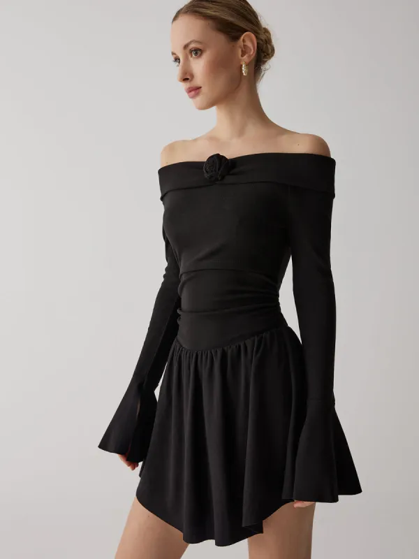 Pleated Off-Shoulder A-Line Short Dress sold by COMMENSE