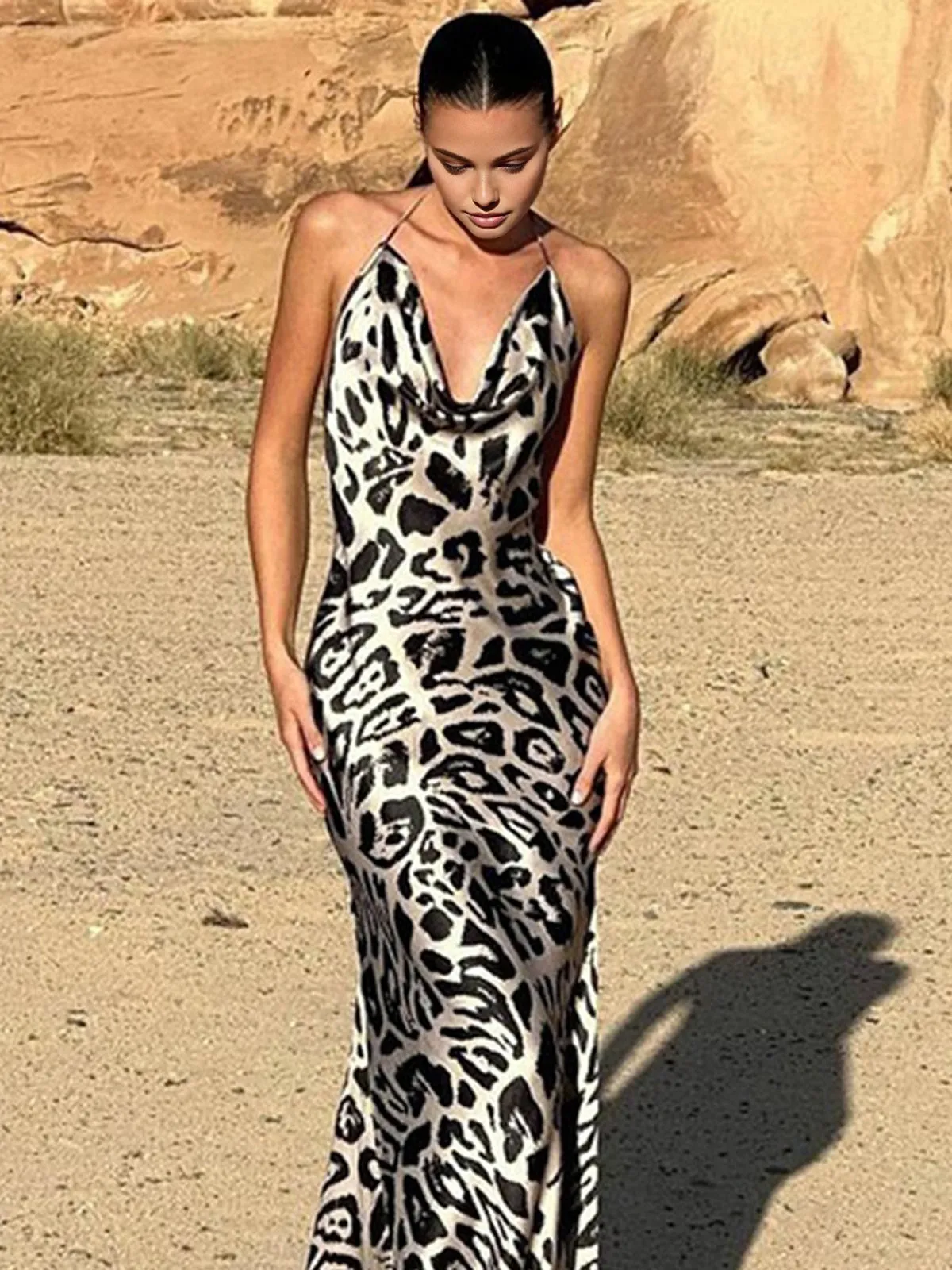 Leopard Print Cowl Neck Halter Long Dress sold by COMMENSE product image thumbnail 4