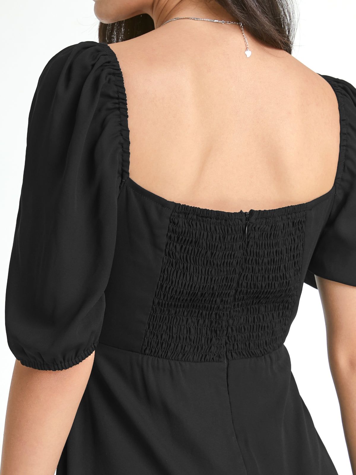 Square Neck Short Puff Sleeve Contour Midi Slit Dress sold by COMMENSE product image thumbnail 4