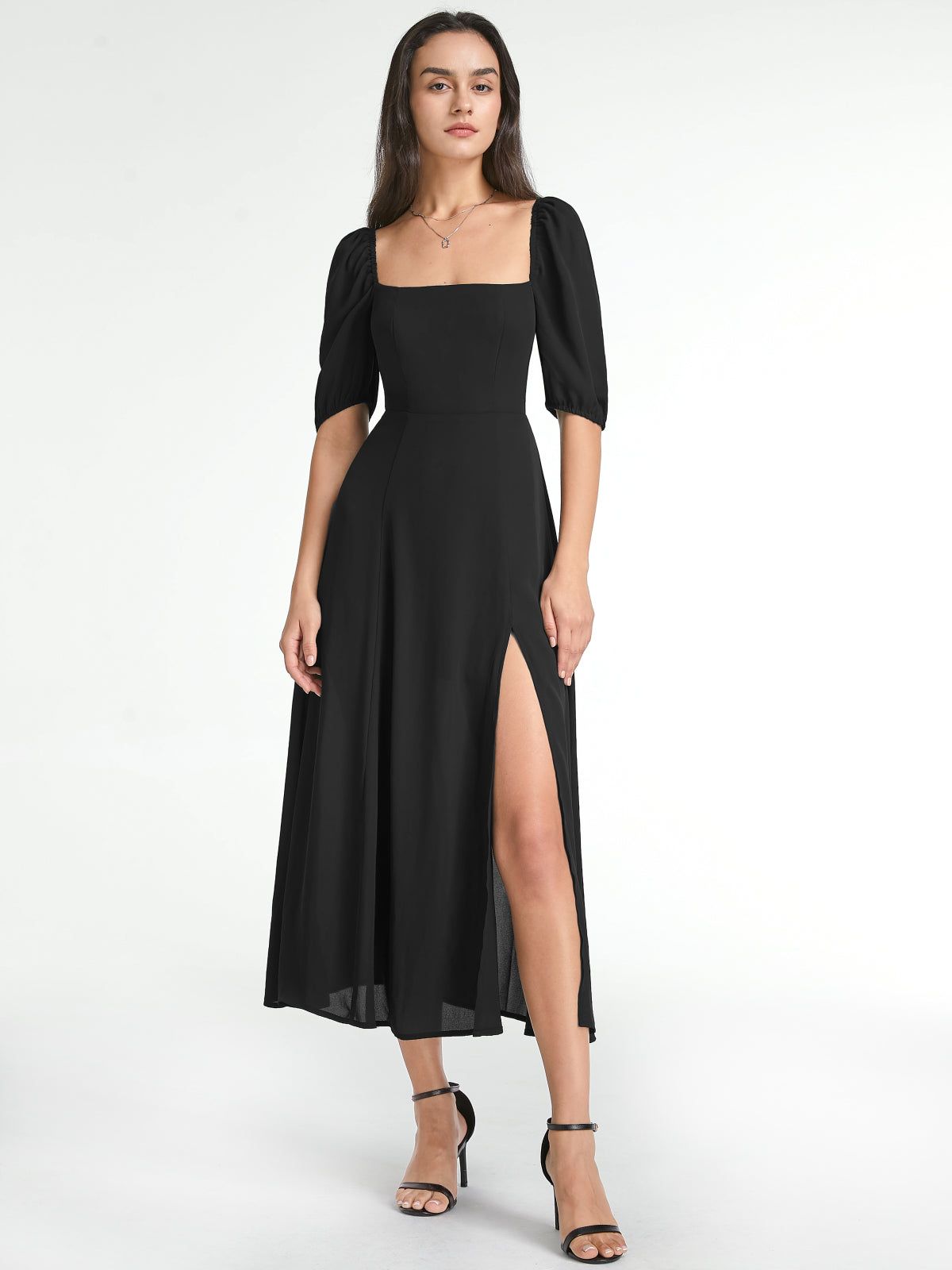 Square Neck Short Puff Sleeve Contour Midi Slit Dress sold by COMMENSE