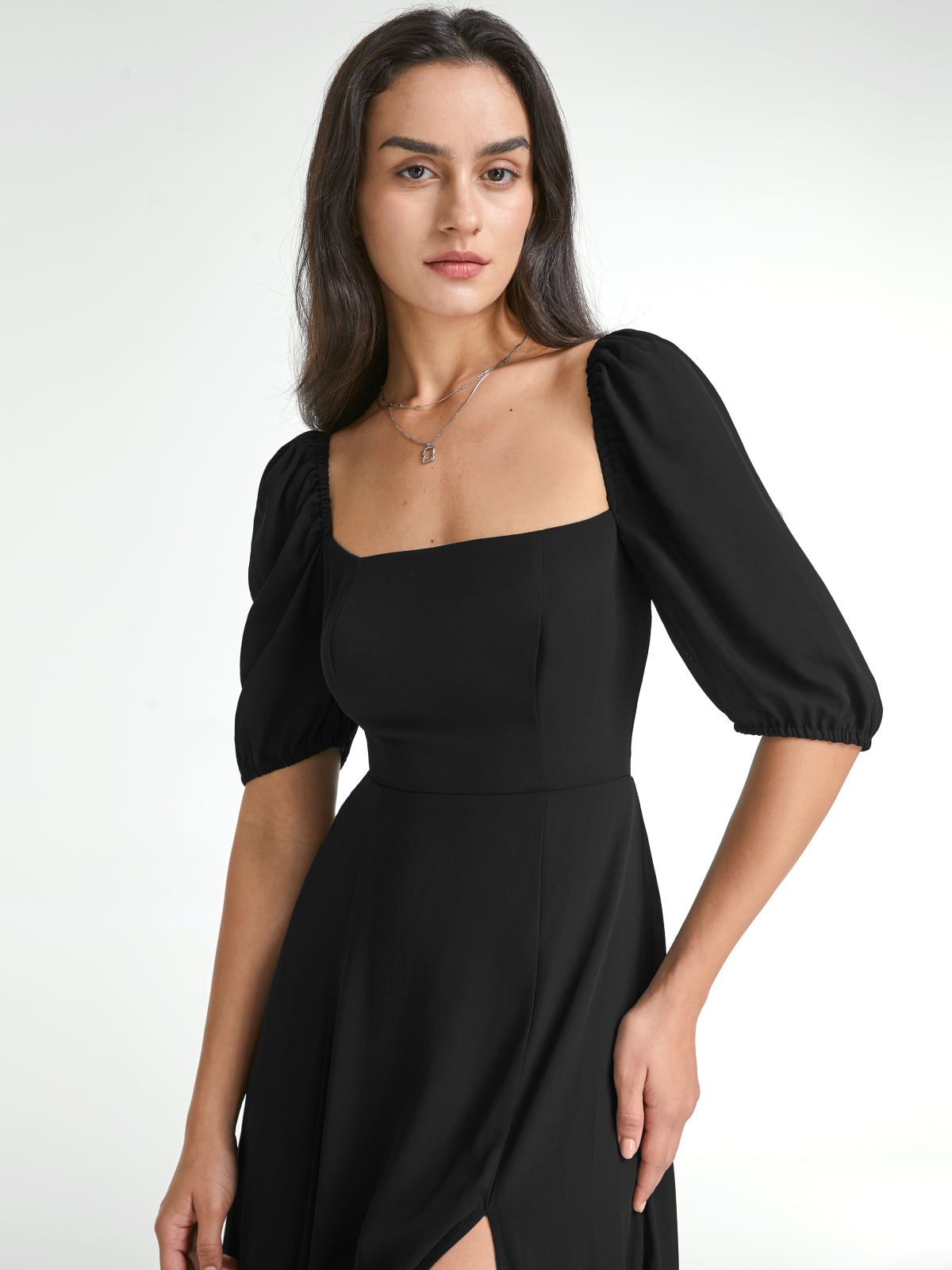 Square Neck Short Puff Sleeve Contour Midi Slit Dress sold by COMMENSE product image thumbnail 2
