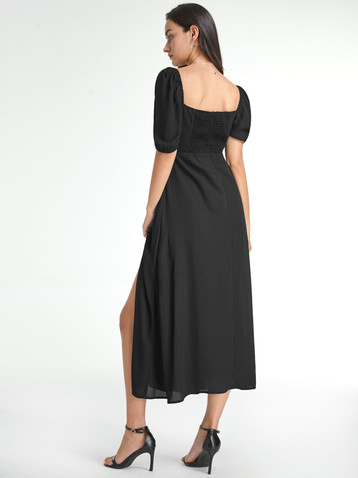 Square Neck Short Puff Sleeve Contour Midi Slit Dress sold by COMMENSE product image thumbnail 3