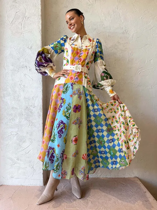 Lapel Print Belted Long Sleeve Dress sold by COMMENSE