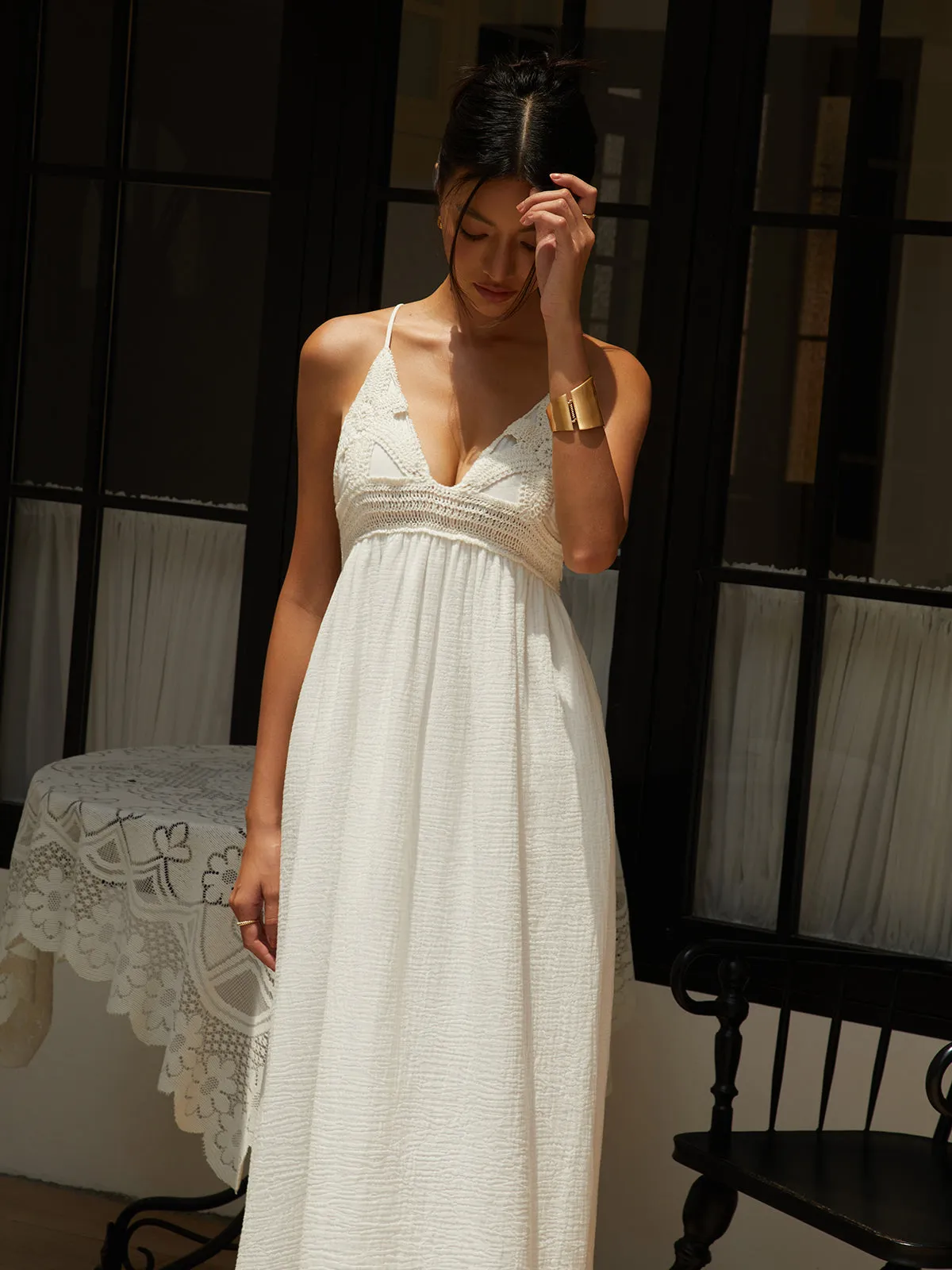 Cotton Embroidery Decor Backless Long Dress sold by COMMENSE product image thumbnail 5