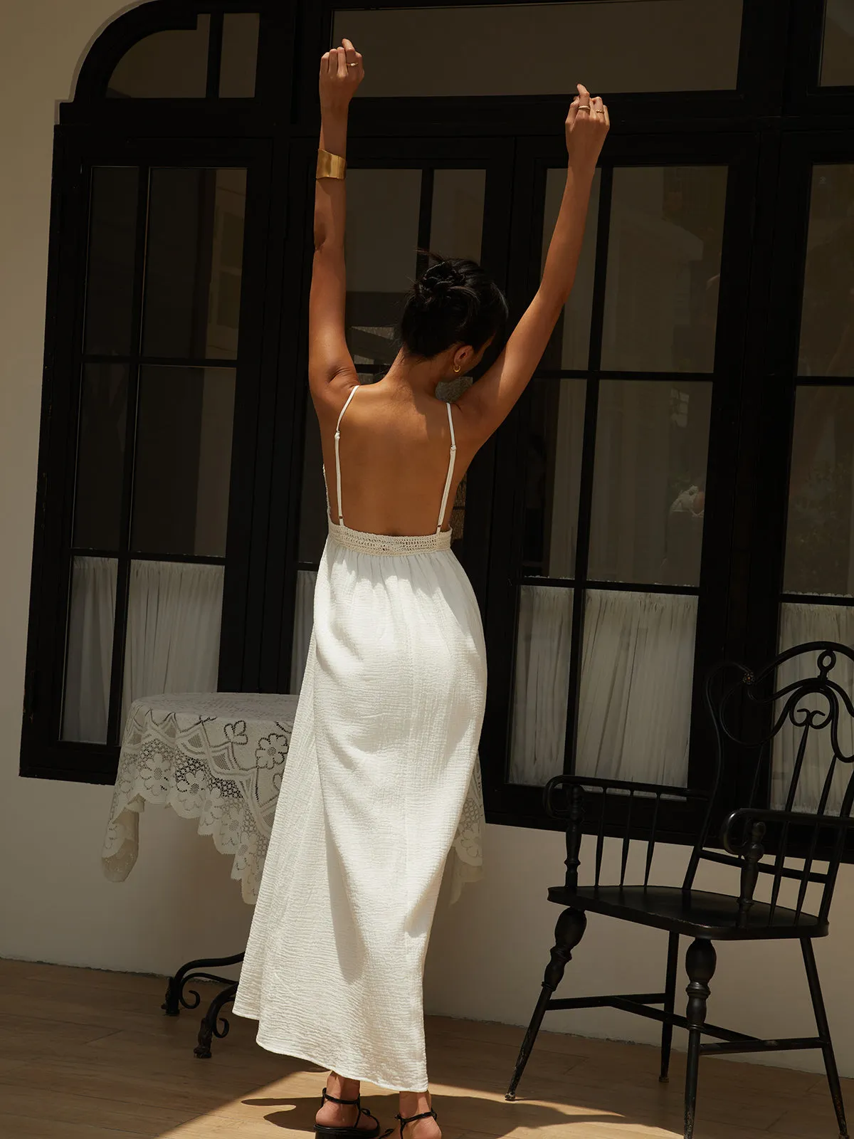 Cotton Embroidery Decor Backless Long Dress sold by COMMENSE product image thumbnail 2