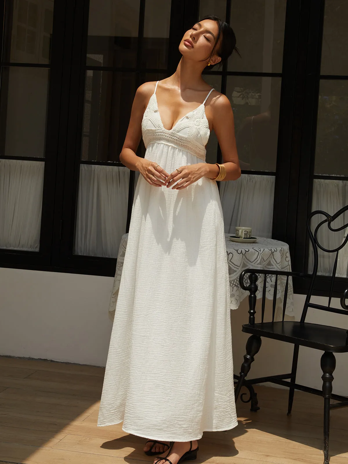 Cotton Embroidery Decor Backless Long Dress sold by COMMENSE