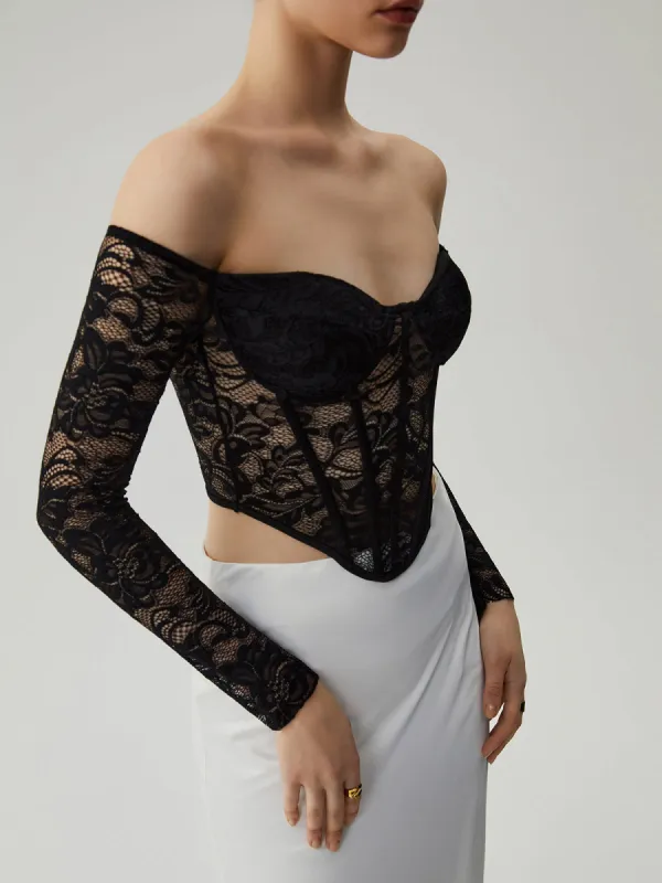 Semi-sheer Lace Off Shoulder Cup Detail Corset Cop Top sold by COMMENSE