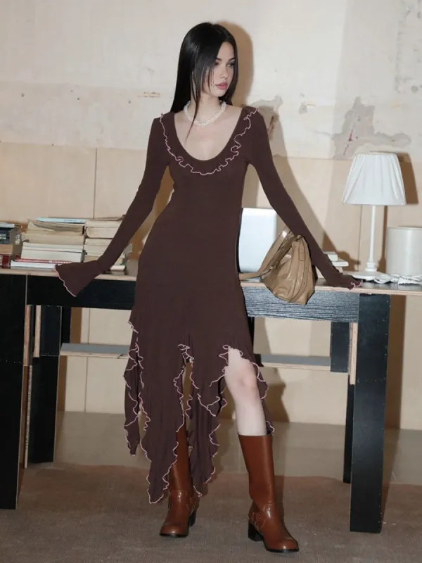 Irregular Flow Brown Midi Soft Dress sold by COMMENSE