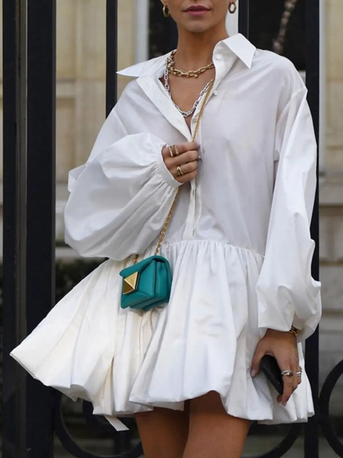 Pleated Long Sleeve Button Up Collar Mini Dress sold by COMMENSE