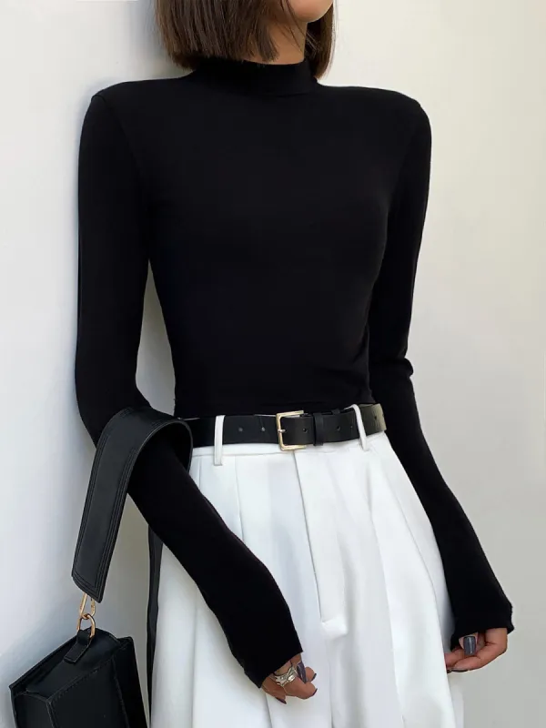 Solid Mock Neck Long Sleeve Crop Top sold by COMMENSE