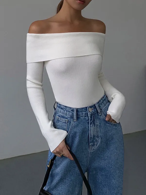 Off Shoulder Overfold Long Sleeve Knit Top sold by COMMENSE