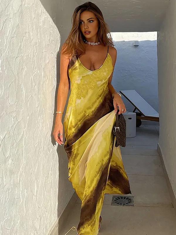 Printed V-Neck Split Cami Long Dress sold by COMMENSE