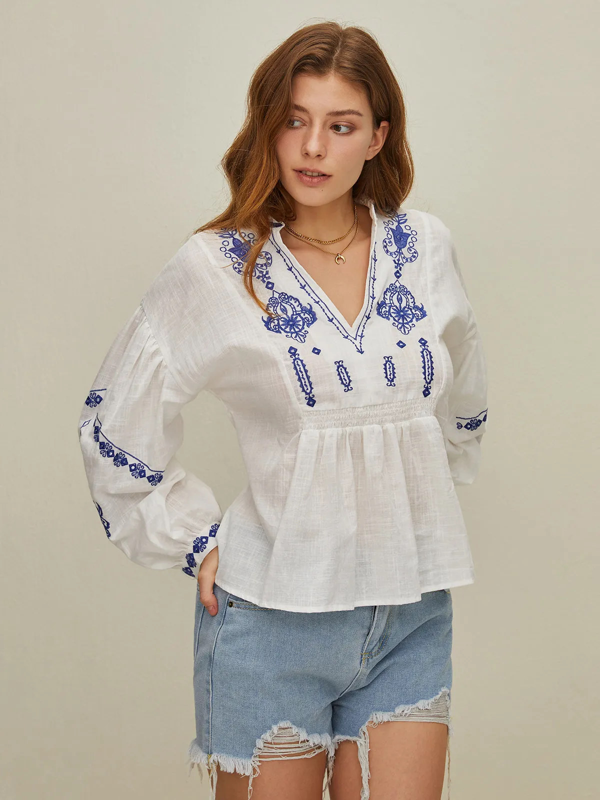 Embroidered V-Neck Shirt sold by COMMENSE product image thumbnail 4
