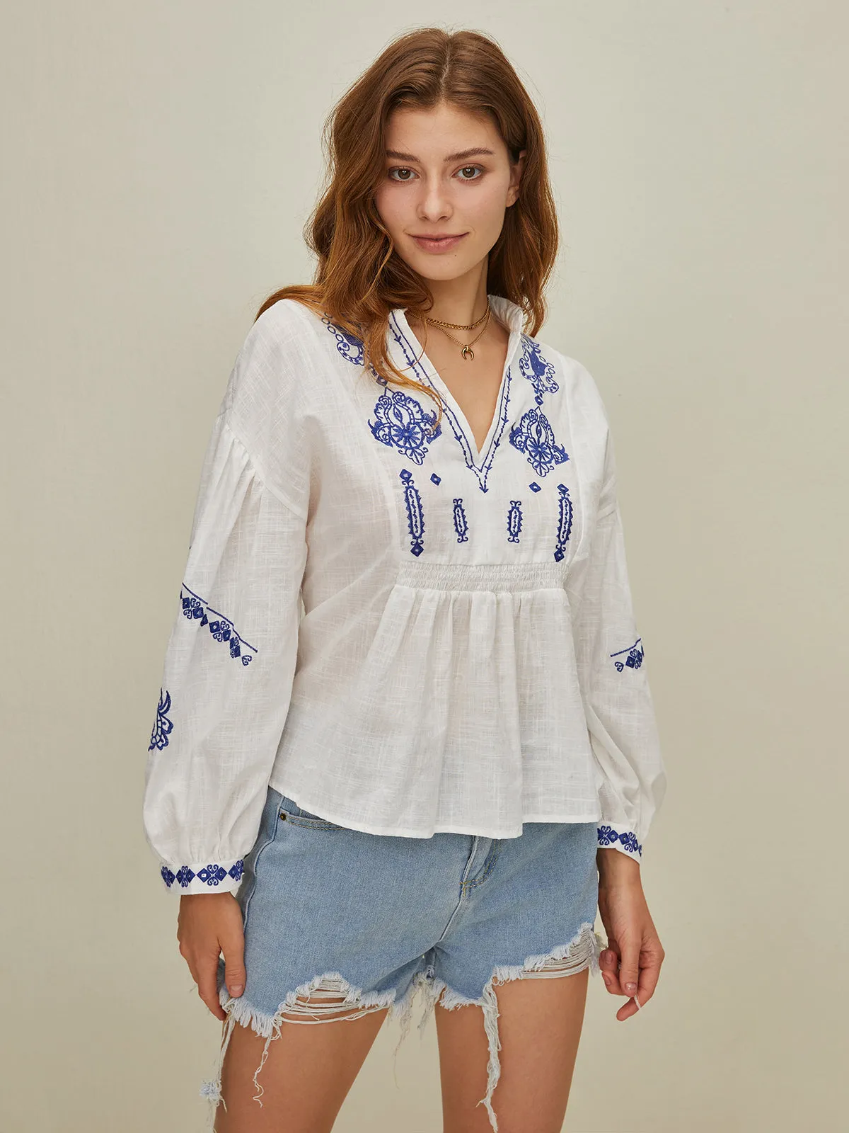 Embroidered V-Neck Shirt sold by COMMENSE product image thumbnail 2