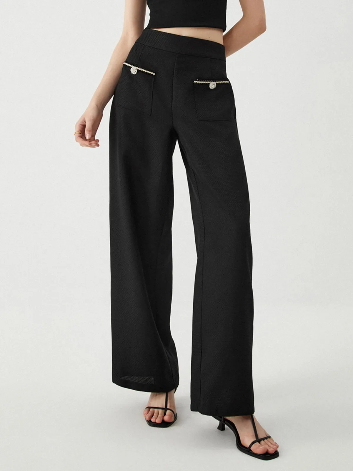 Contrast Trim Pocket Wide Leg Pants sold by COMMENSE