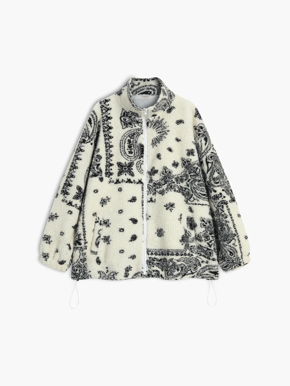 Paisley Zippered Stand Collar Sherpa Jacket sold by COMMENSE