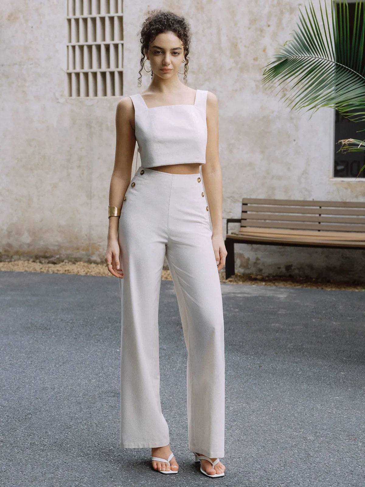 Cotton & Linen Button Decor Tank Top With Straight Leg Pants Set sold by COMMENSE