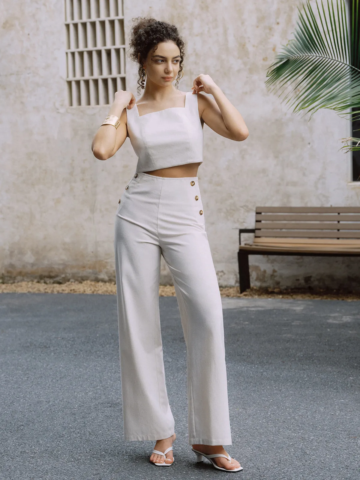 Cotton & Linen Button Decor Tank Top With Straight Leg Pants Set sold by COMMENSE product image thumbnail 5