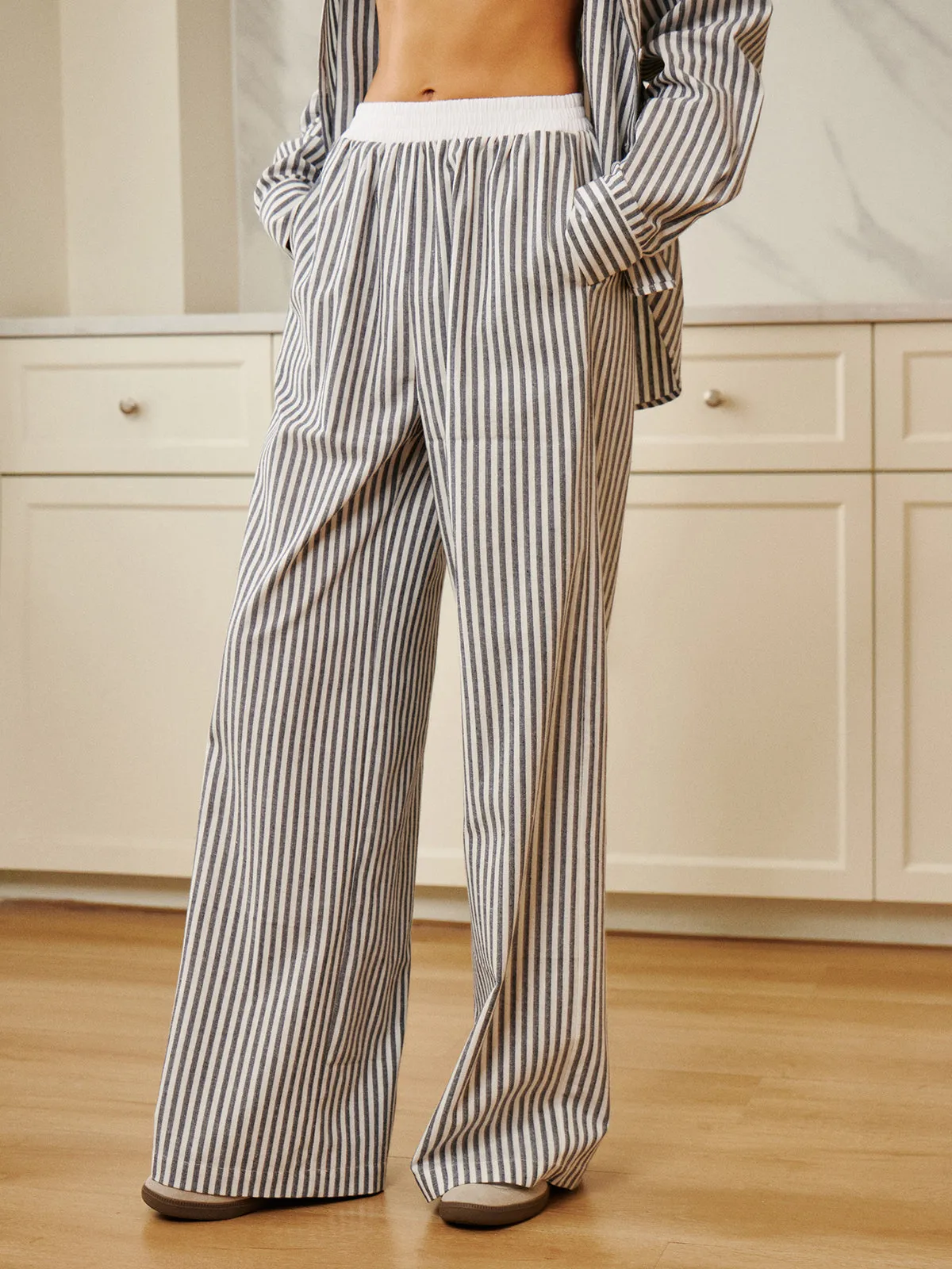 Pinstripe Contrast Binding Wide Leg Pants sold by COMMENSE product image thumbnail 3