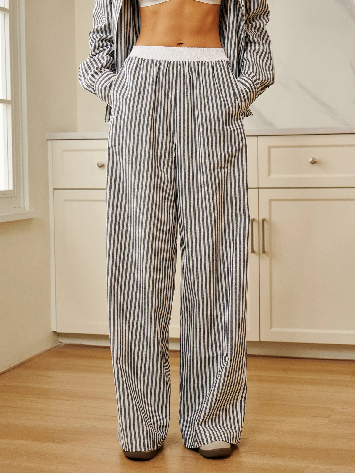 Pinstripe Contrast Binding Wide Leg Pants sold by COMMENSE product image thumbnail 5