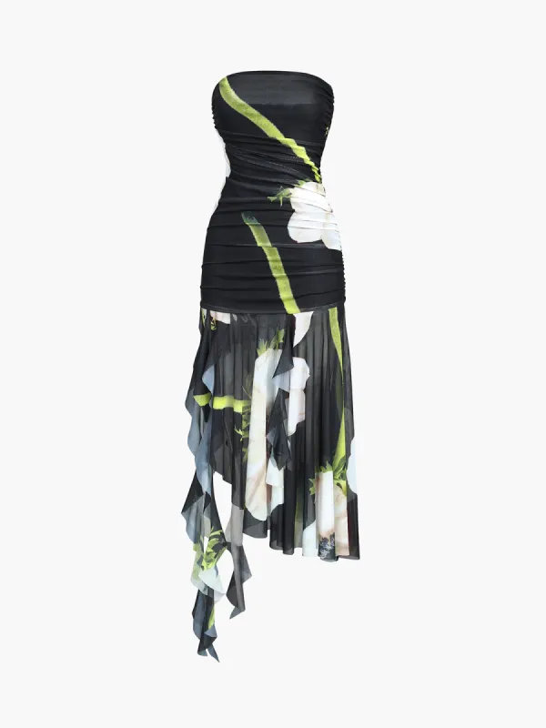 Gardenia Floral Mesh Pleat Tube Midi Dress sold by COMMENSE