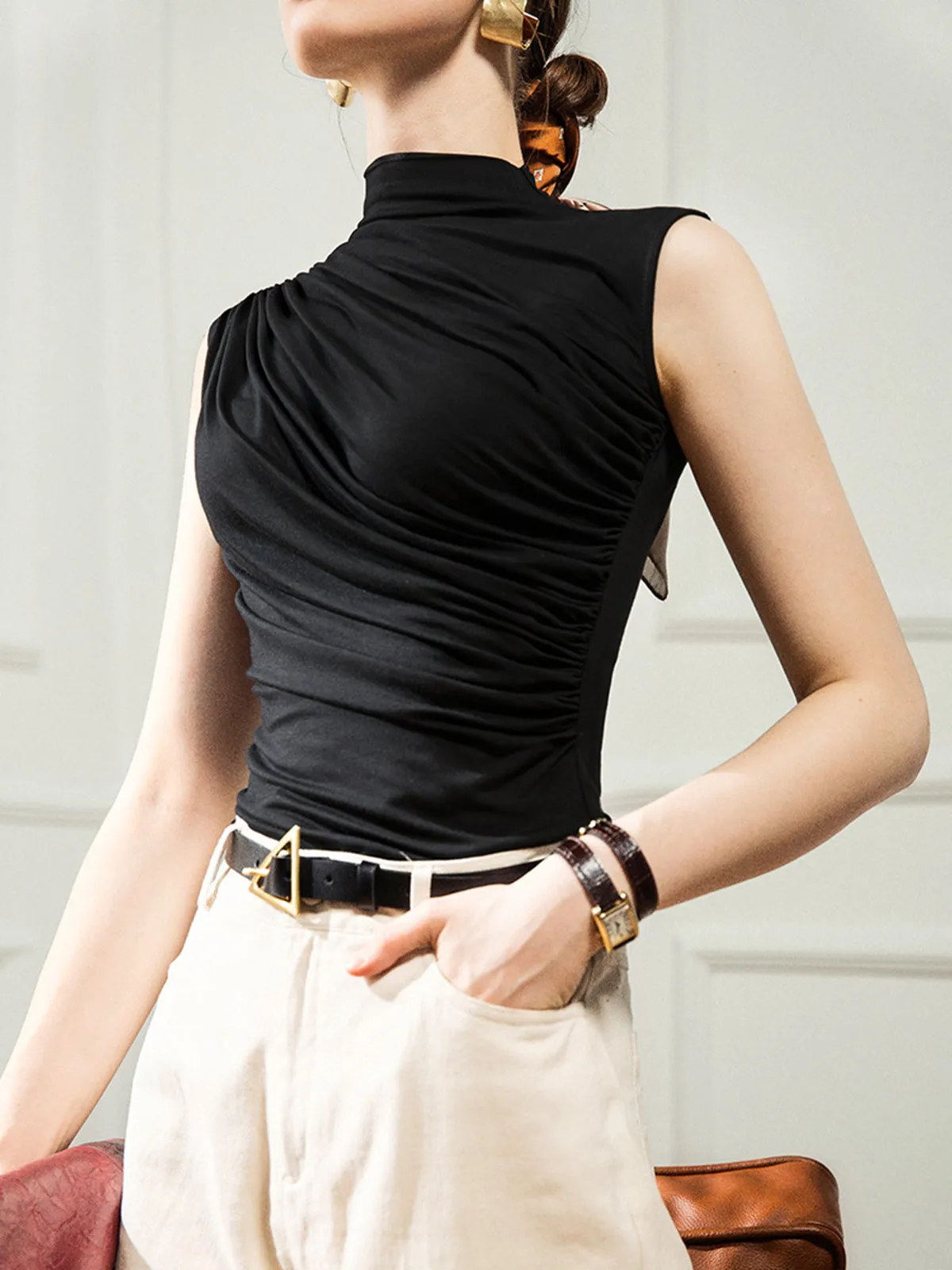 Solid Draped Mock Neck Tank Top sold by COMMENSE product image thumbnail 3