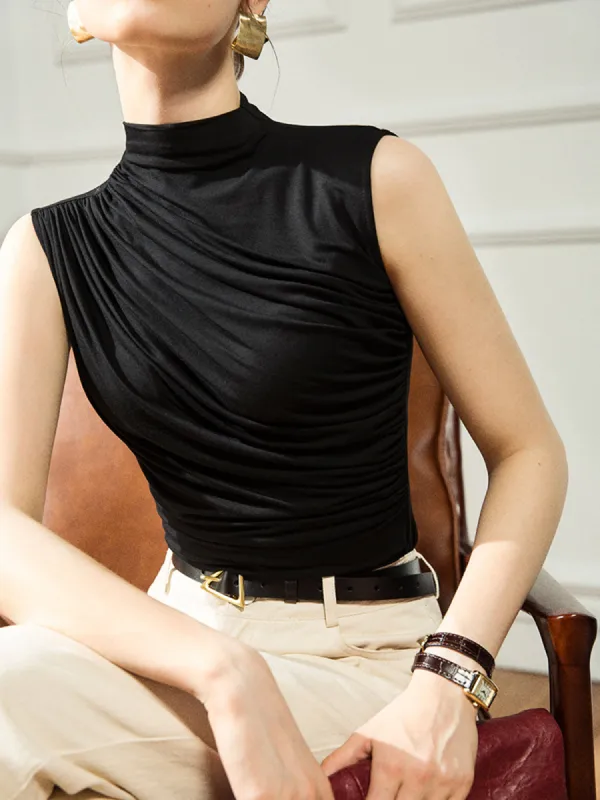 Solid Draped Mock Neck Tank Top sold by COMMENSE