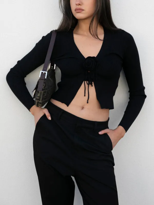 Ribbed V-neck Long Sleeve Slit Knit Crop Top sold by COMMENSE