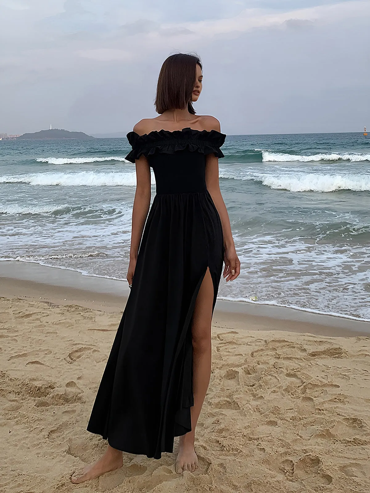 Ruffle Off Shoulder High-Slit Long Dress sold by COMMENSE product image thumbnail 5