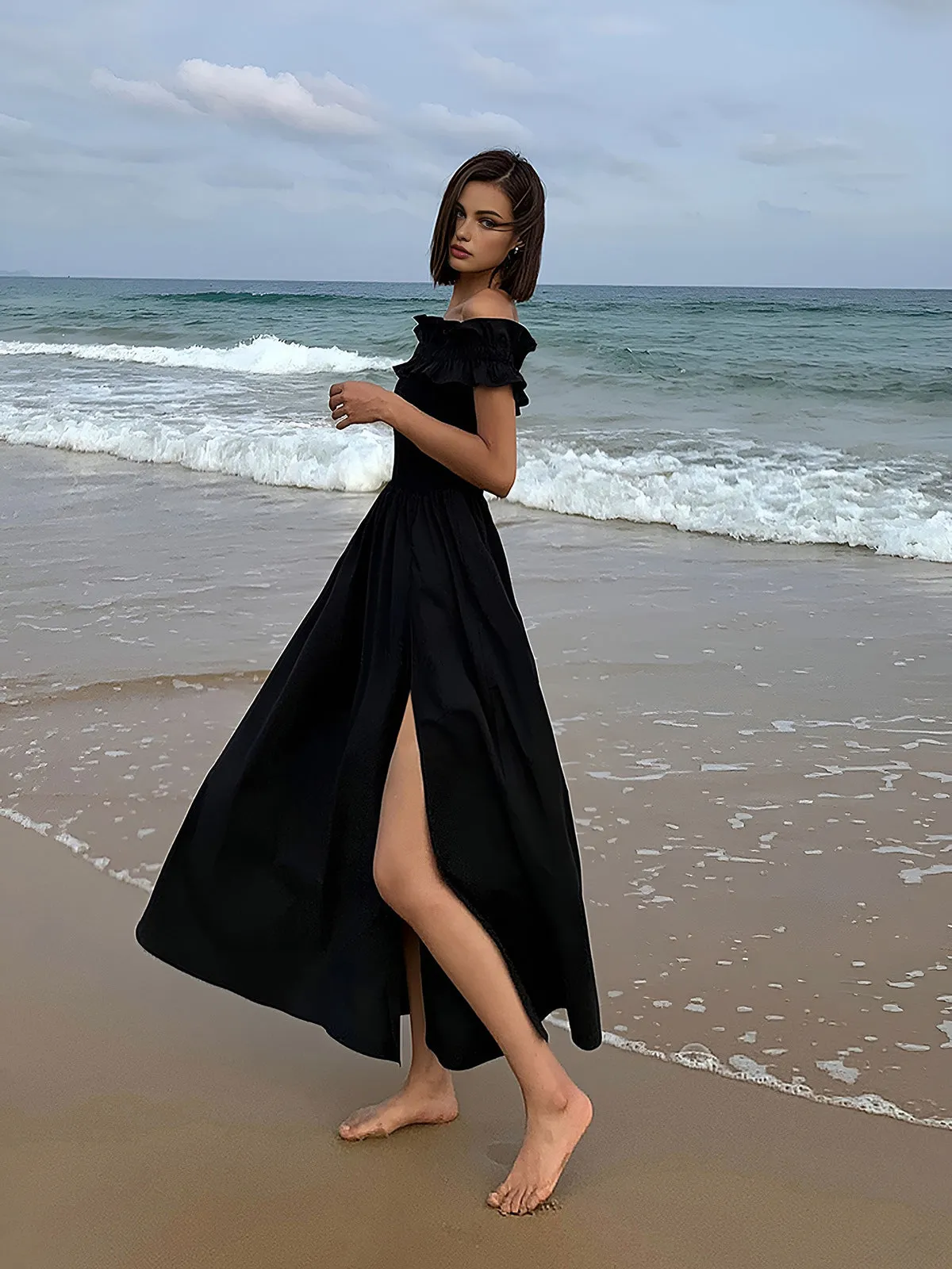 Ruffle Off Shoulder High-Slit Long Dress sold by COMMENSE product image thumbnail 2