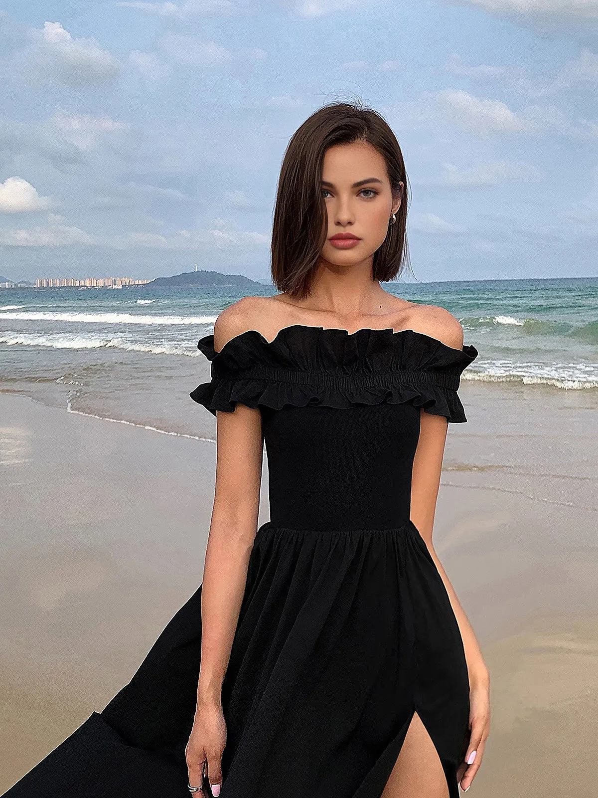 Ruffle Off Shoulder High-Slit Long Dress sold by COMMENSE product image thumbnail 3