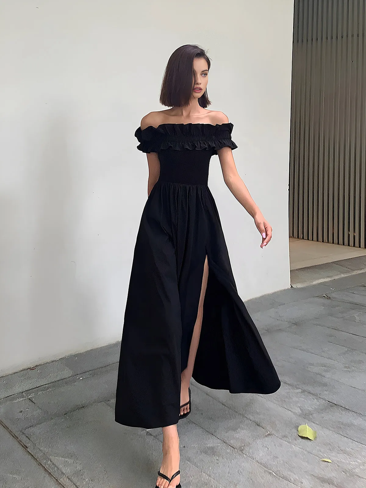 Ruffle Off Shoulder High-Slit Long Dress sold by COMMENSE