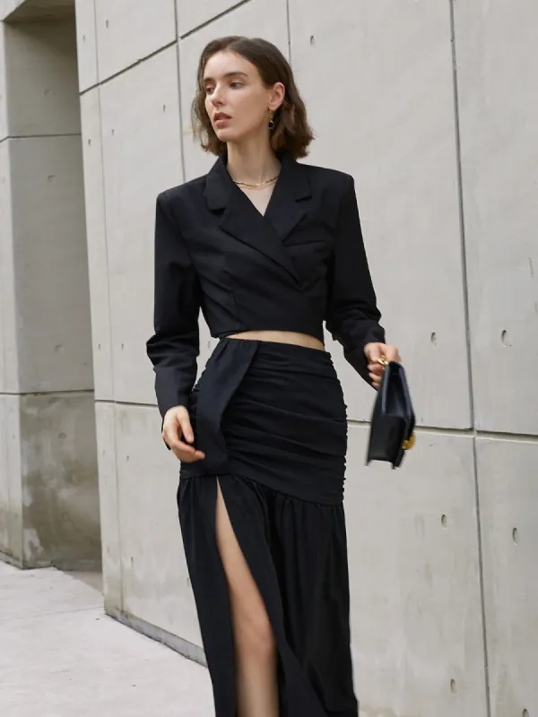 Solid Wrap Long Sleeve Crop Blazer sold by COMMENSE