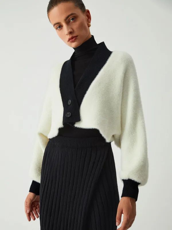 Contrast Trim Fuzzy Crop Cardigan sold by COMMENSE