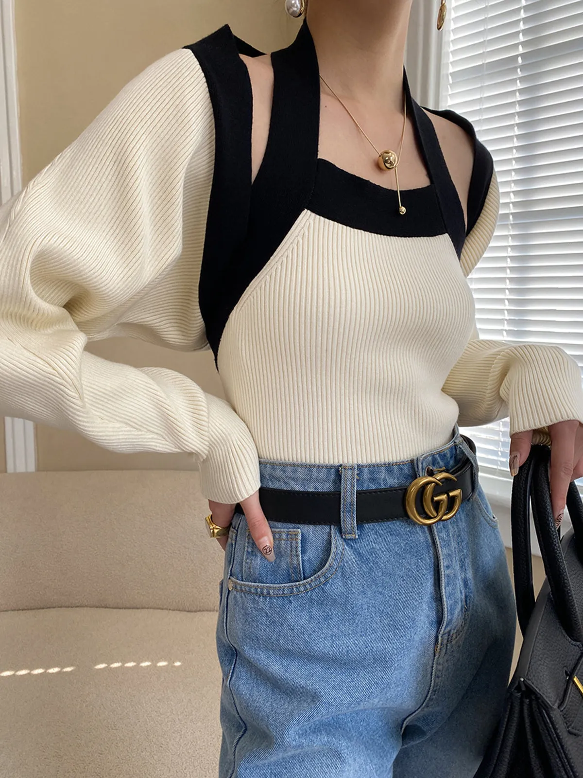 Contrast Trim Halter Bolero Two Piece Sweater Set sold by COMMENSE product image thumbnail 4