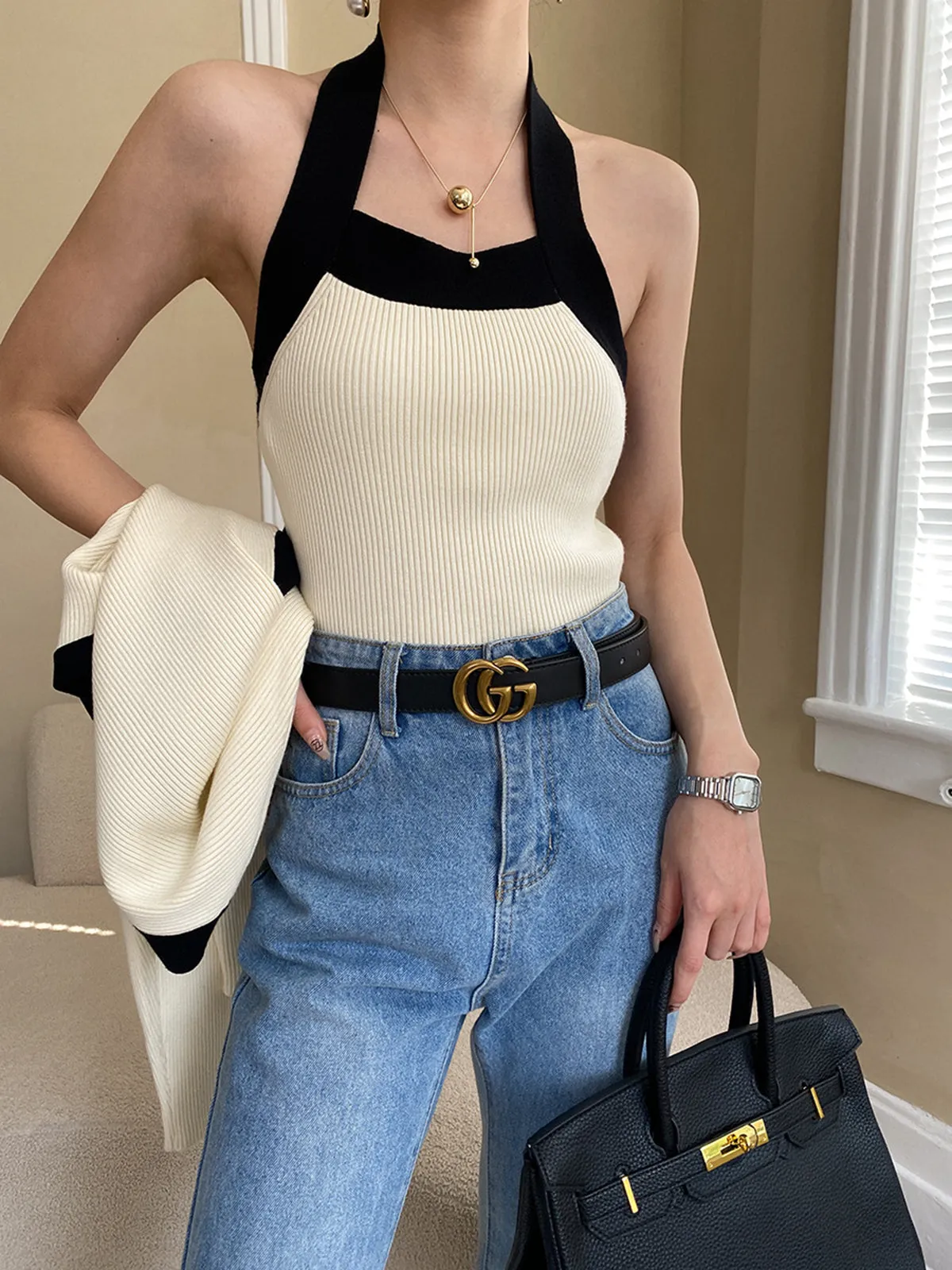 Contrast Trim Halter Bolero Two Piece Sweater Set sold by COMMENSE product image thumbnail 2