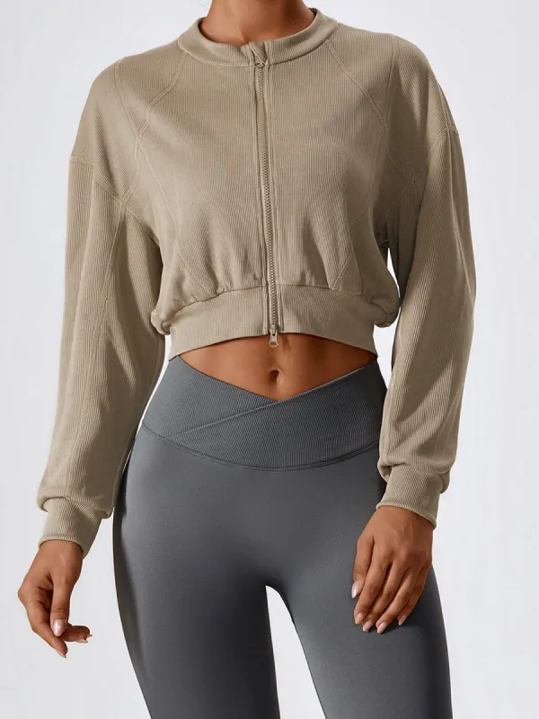 Zip Up Rib Crop Sweatshirt sold by COMMENSE