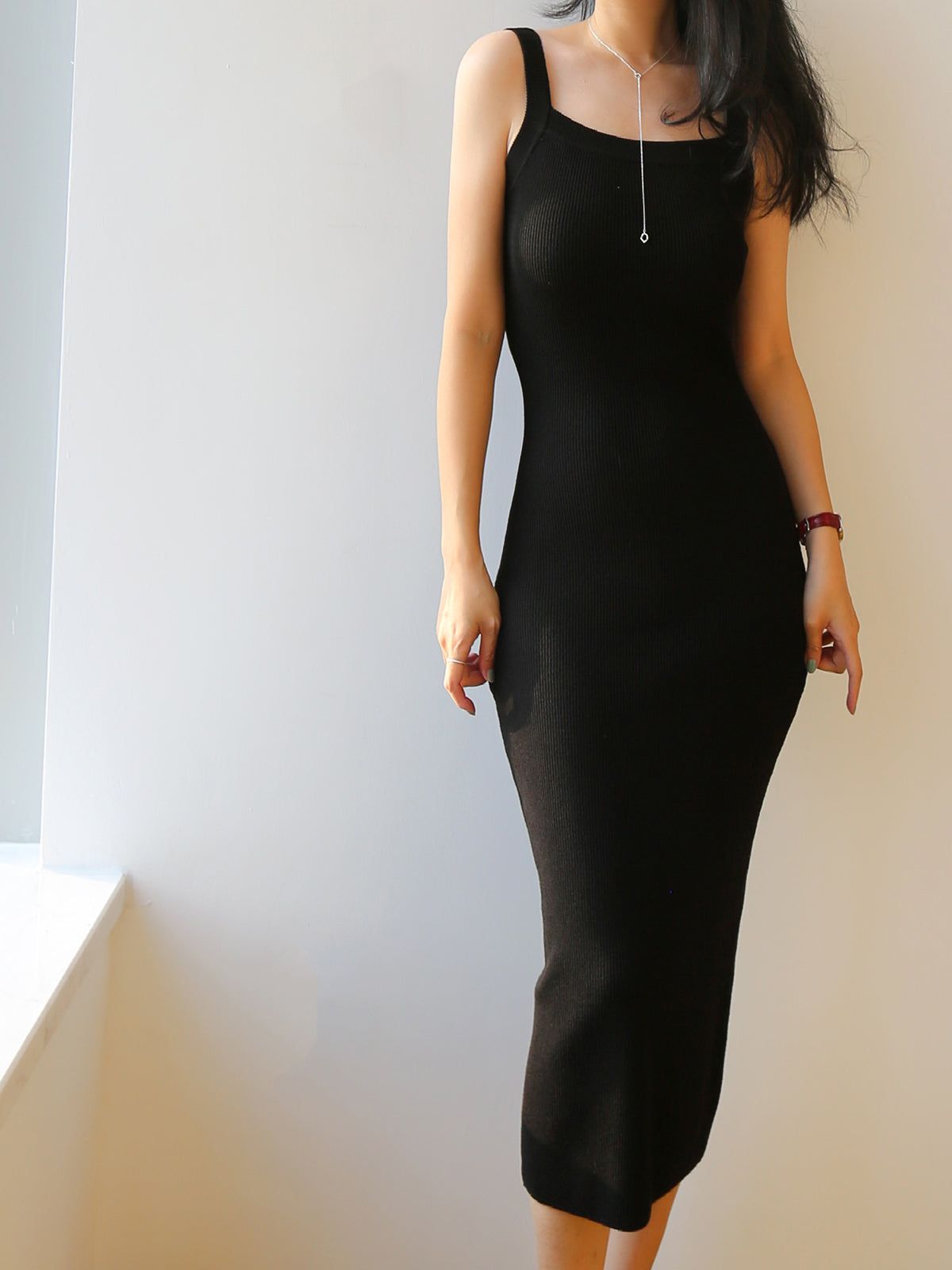 Square Neck Ribbed Strap Midi Dress sold by COMMENSE product image thumbnail 5