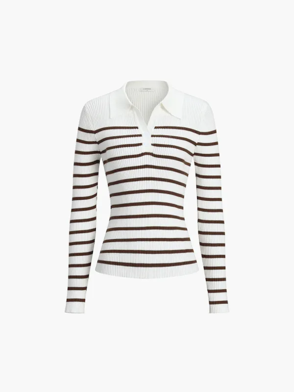 Quarter Buttoned Stripe Open Collar Long Sleeve Knit Top sold by COMMENSE