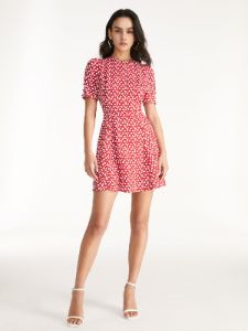 Straight Neck Short Puff Sleeve A Line Mini Dress sold by COMMENSE