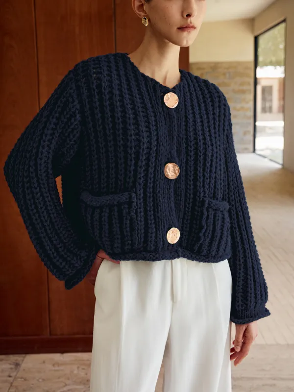 Plain Button Knit Cardigan sold by COMMENSE